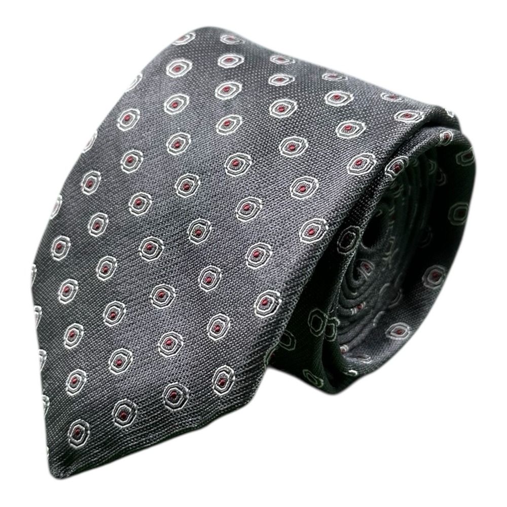 John Varvatos Mens Gray Red Bullseye AOP Pure Silk Tie 3.25 Inch Width